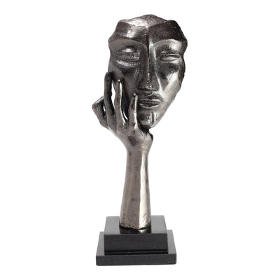 A single hand holds a perched face with eyes closed, showcasing intense contemplation through unique presentation. This ac...