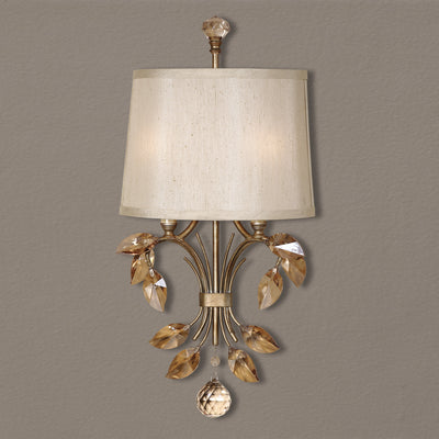 Burnished Gold Metal With Golden Teak Crystal Leaves And A Silken Champagne Fabric Shade With Natural Slubbing. With 2-60 ...