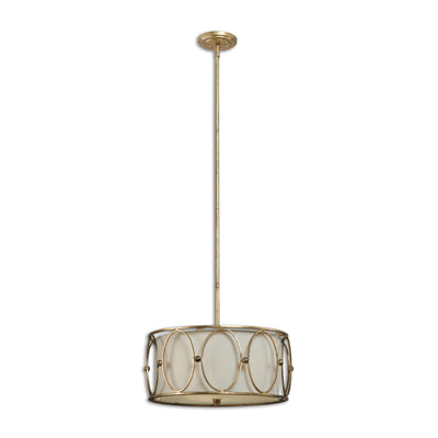 Classic Hanging Shade Pendant With Oval Pattern Frame Of Antiqued Gold Leaf Finish With Beige Linen Fabric Liner. Includes...