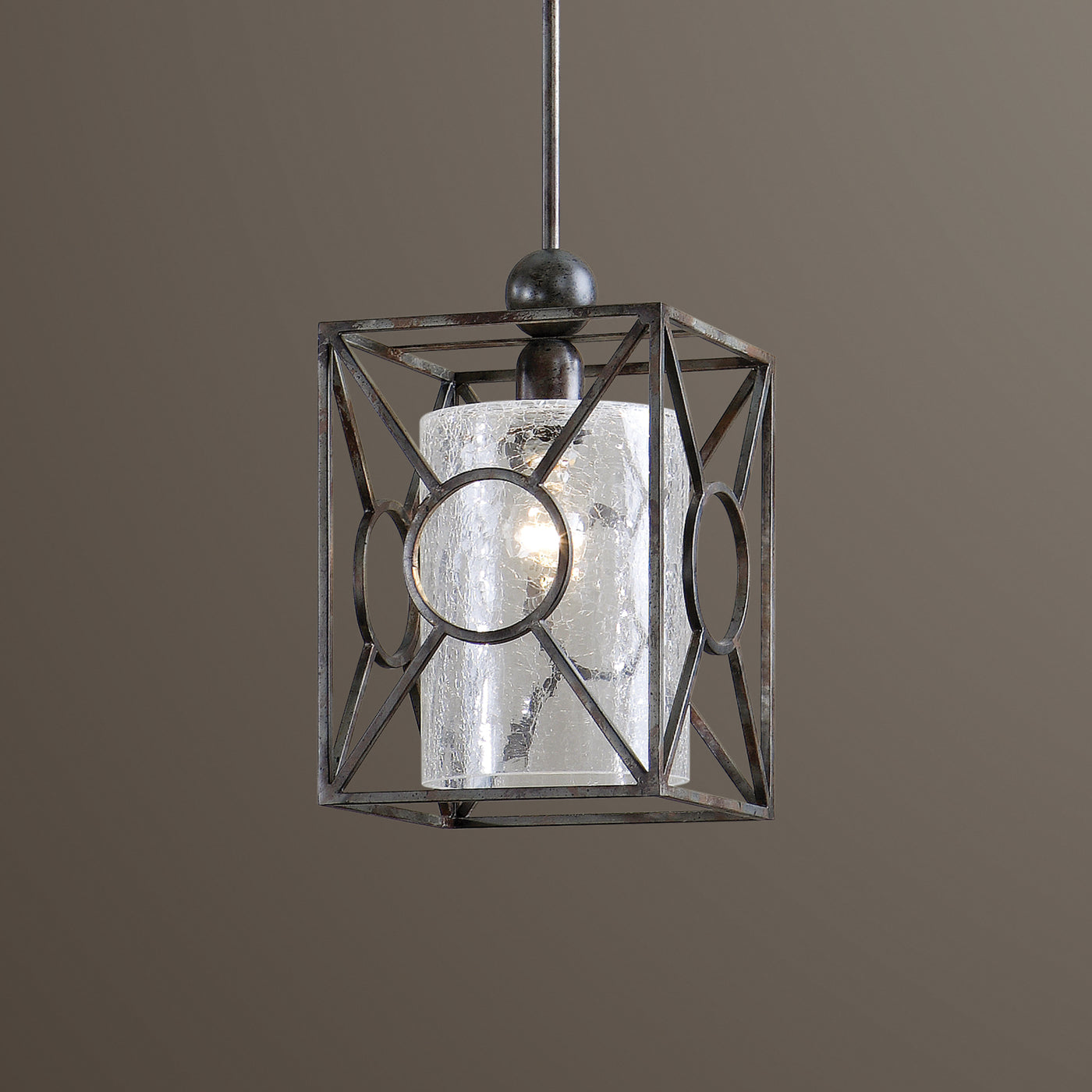 Rust Black Finish With Aged Gray Undertones And A Crackled Glass Cylinder Inner Shade.