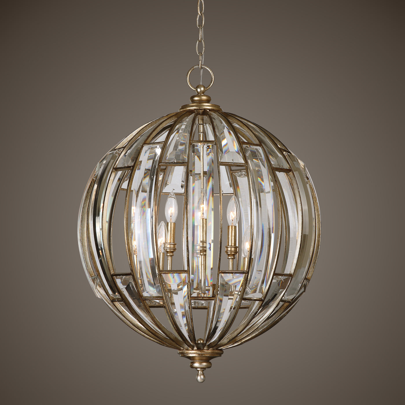 A Statement Of Sumptuous Elegance, A Sphere Of Beveled Crystals Enhanced With Burnished Silver Champagne Leaf Finish, Pres...