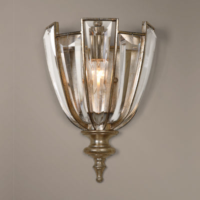 An Elegant Sconce Of Beveled Crystals Enhanced With Burnished Silver Champagne Leaf Finish, Presents A Modern Update Of Tr...