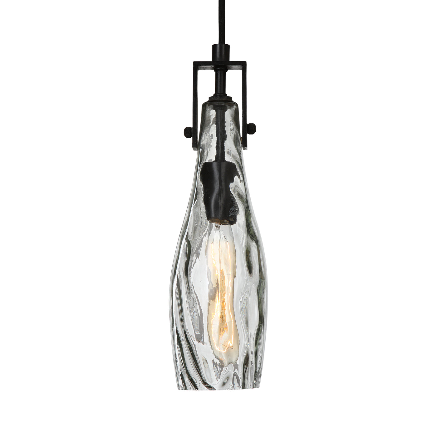 Transitional Pendant In A Matte Black Finish With A Flat Clear Teardrop-shaped Watered Glass. From The Front View, It Is A...