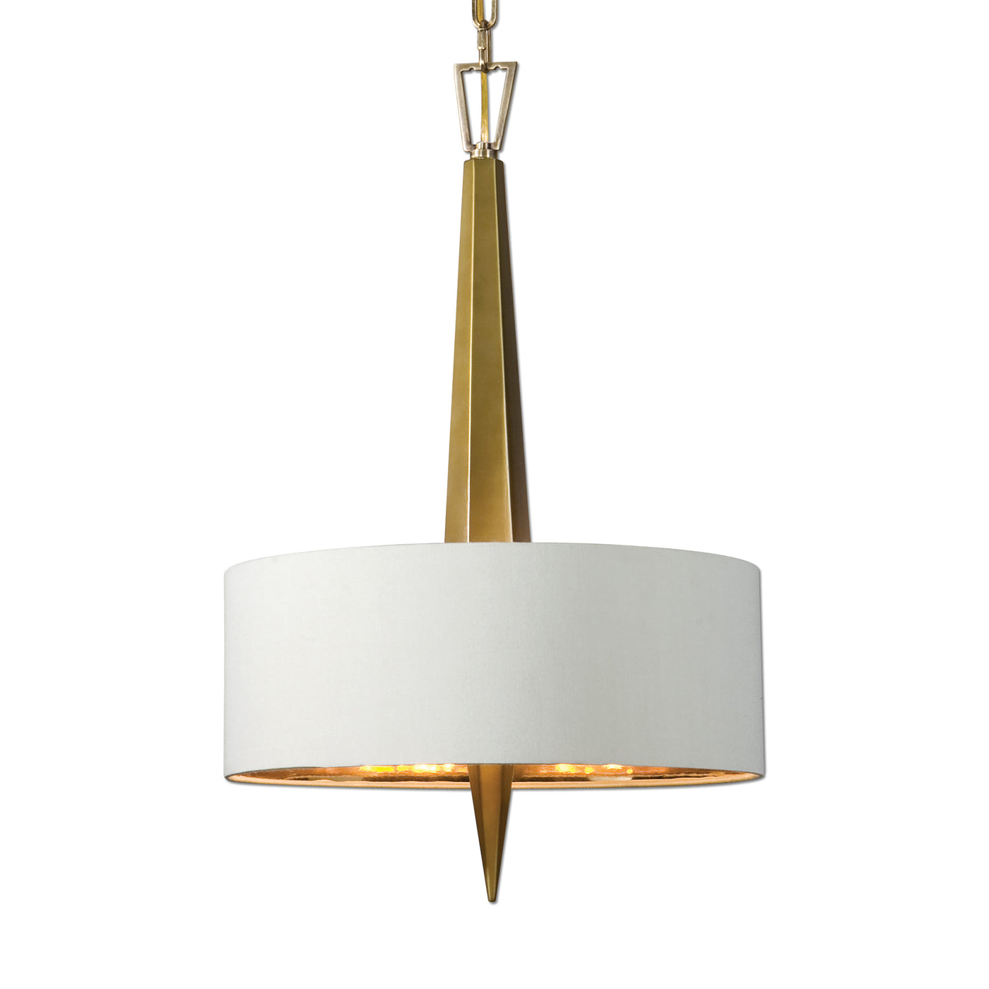 An Elegant Chandelier With A Sleek Vertical Ceramic Center In A Warm Gold Finish Evokes An Art Deco Feeling With A Beige L...