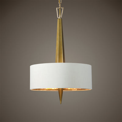 An Elegant Chandelier With A Sleek Vertical Ceramic Center In A Warm Gold Finish Evokes An Art Deco Feeling With A Beige L...