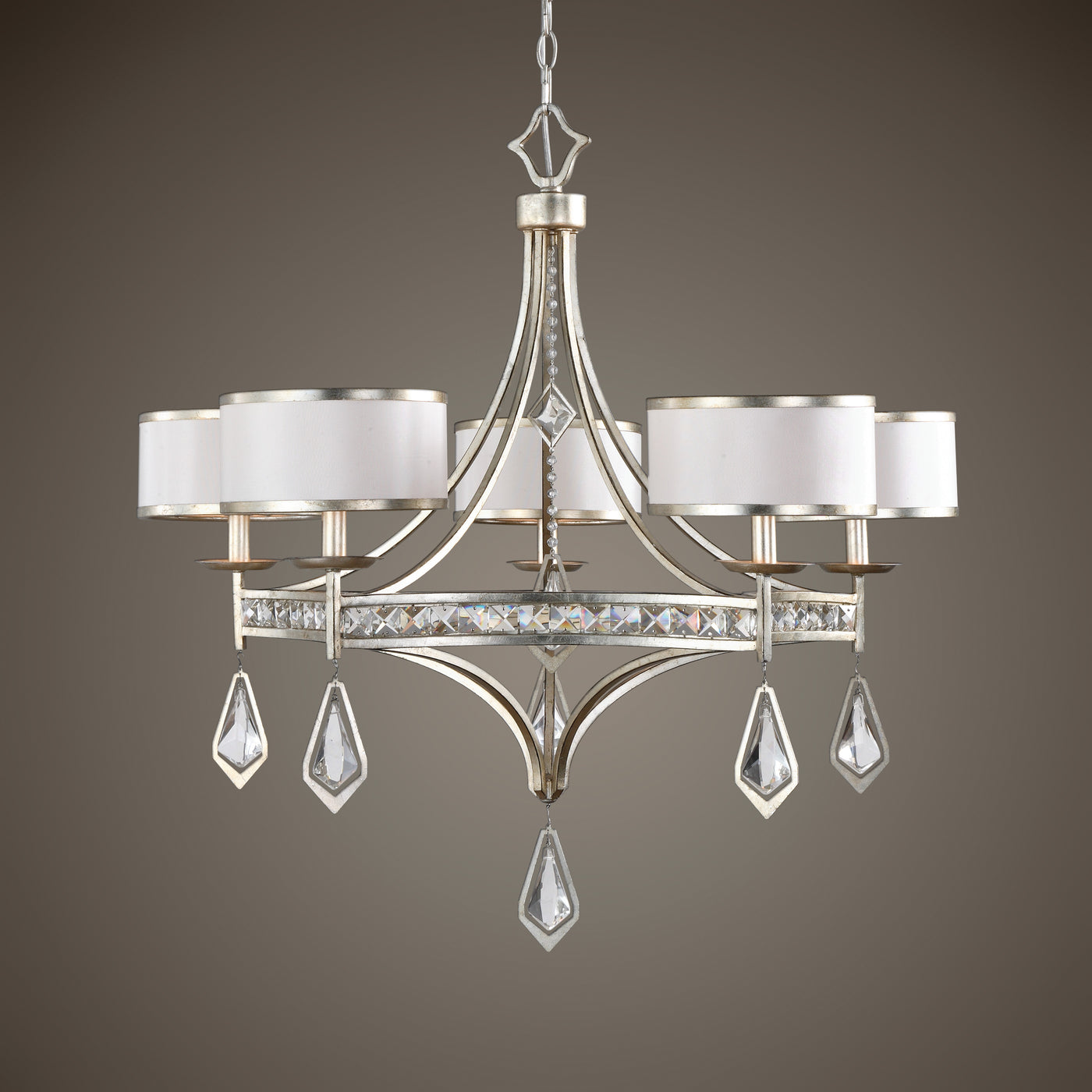Burnished Silver Champagne Leaf Finish With Modern Clear Crystal Accents Highlight This Majestic Chandelier Along With Sil...