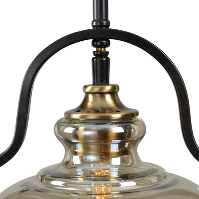 Updated Mini Pendant With Curvaceous Accent Tubing That Follows The Contour Of The Light Amber Glass Shade.  Rod Hung In A...