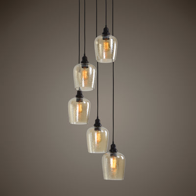 Rich Amber Hammered Glass Is The Focus Of This 5 Lt. Cluster Pendant Featuring A Warm Oil Rubbed Bronze Metal Finish.  Inc...
