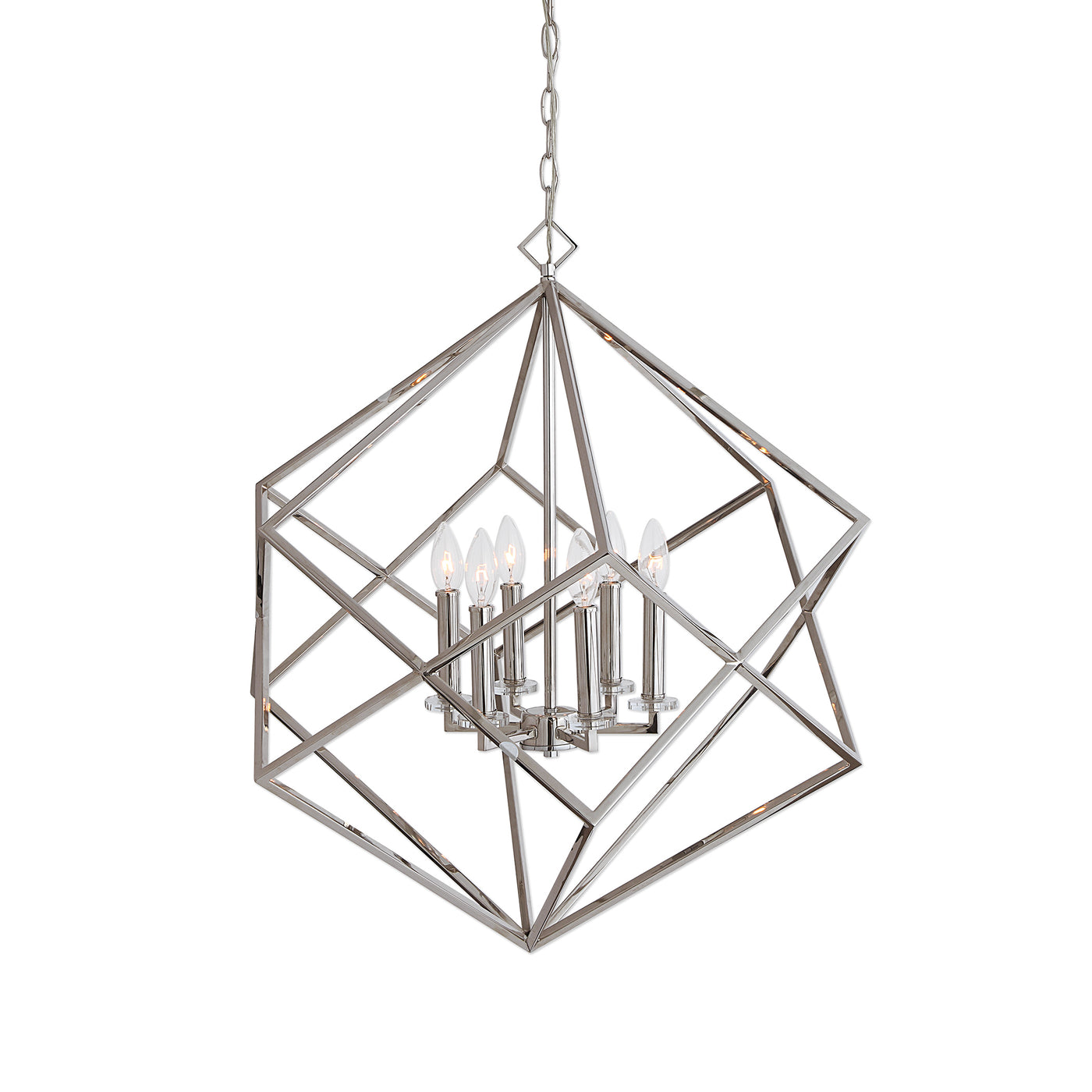 An Elegant, Polished Nickel Cube Interlocked With Its Twin, At The Center Of Their Intersection Is A 6 Light Candle Cluste...