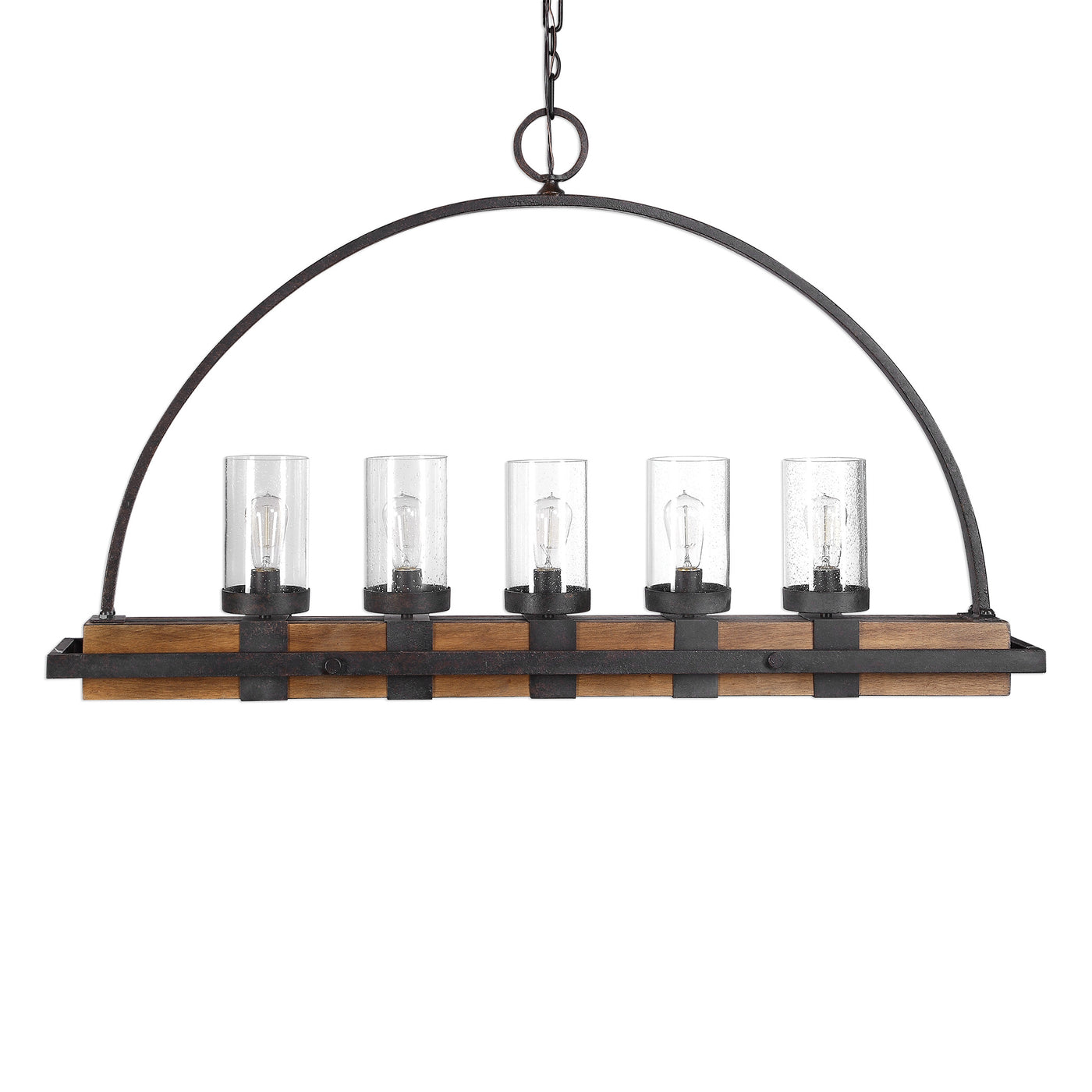 Heavy Gauge Real Wood Linear Body, Finished In A Mid-tone, Featuring Clear Seeded Glass Shades. A Nod To Industrial Design...