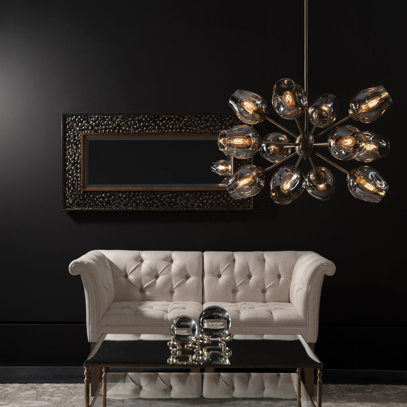 Transitional With A Flair Of Mid-Century Sputnik Style, Our 12 Lt. Rod Hung Chandelier, Features A Warm Antique Brass Fini...