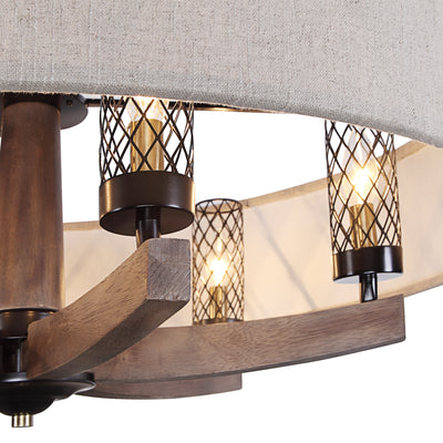 Unique Curved Wood Arms Combined With Modern Oatmeal Linen Fabric Hanging Outer Shade Give This 6 Lt. Chandelier A Clean U...