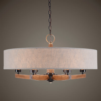 Unique Curved Wood Arms Combined With Modern Oatmeal Linen Fabric Hanging Outer Shade Give This 6 Lt. Chandelier A Clean U...