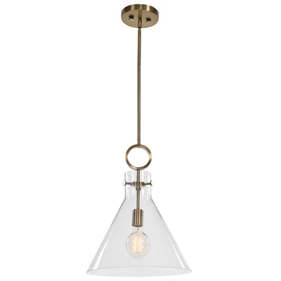 Playful Funnel Shaped Clear Glass Bestows An Almost Whimsical Touch To The Clean Design Of This 1 Lt. Pendant With Aged Br...