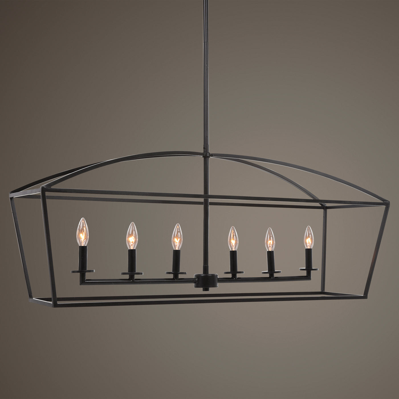 Simple Clean Open Frame Lines Are The Focus Of This Vintage Farm Industrial 6 Lt.  Linear Chandelier. The Deep Dark Weathe...
