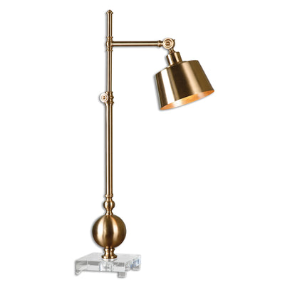 Brushed Brass Plated Metal Accented With A Thick Crystal Foot. The Shade Pivots Up And Down And Lamp Is Also Adjustable In...