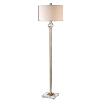 Tapered Metal Base Finished In A Plated Brush Brass Accented With Crystal Details. The Round Hardback Drum Shade Is An Off...