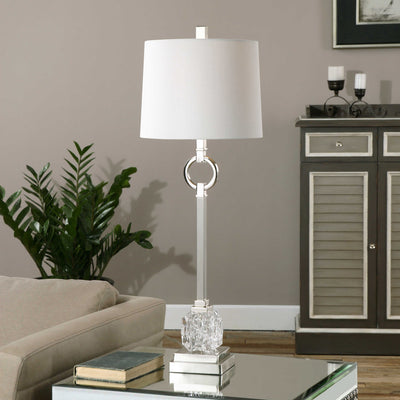 Polished Nickel Plated Metal Accented With A Cut Glass Ornament. The Slightly Tapered Round Hardback Shade Is An Ivory Lin...