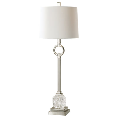 Polished Nickel Plated Metal Accented With A Cut Glass Ornament. The Slightly Tapered Round Hardback Shade Is An Ivory Lin...