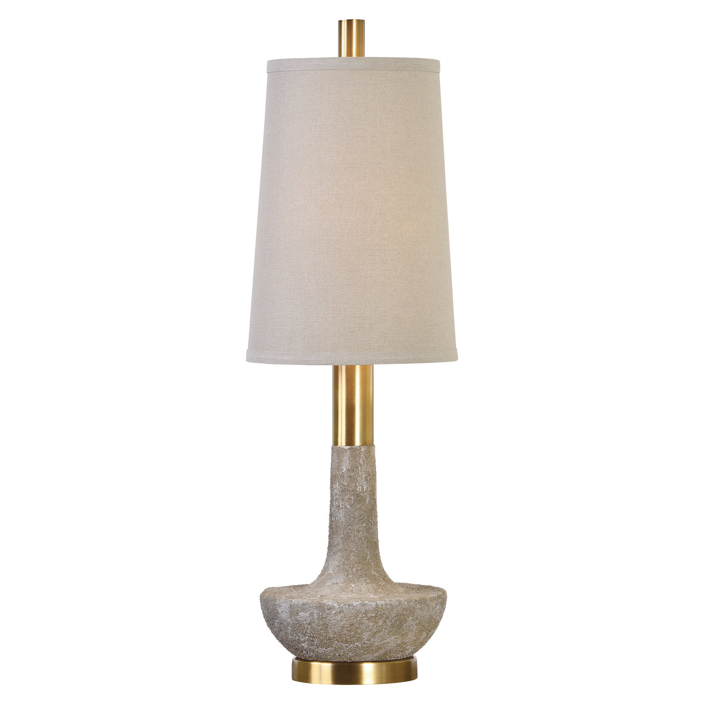 Textured Stone Ivory Finish, Accented With Plated Brushed Brass Details. The Tapered Round Hardback Shade Is An Oatmeal Li...