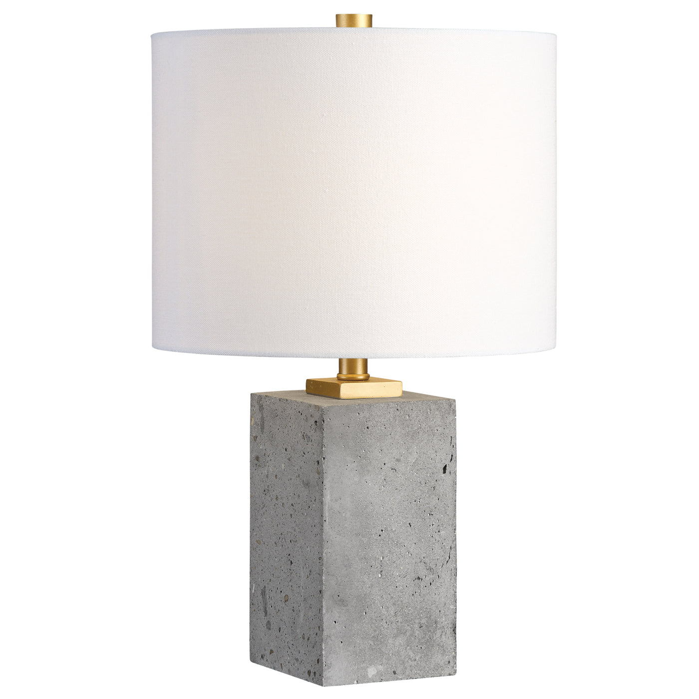 Thick Block Of Porous, Lightly Stained Concrete Accented With Brushed Gold Painted Details. The Round Hardback Drum Shade ...