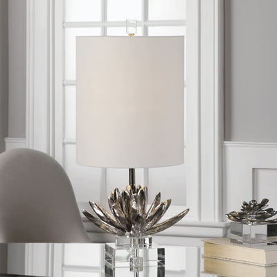 Simple Elegance Is Achieved By This Antiqued, Metallic Silver, Lotus Bloom That Appears To Be Floating On A Clear Crystal ...