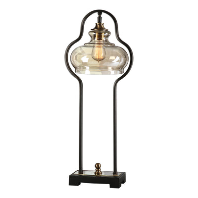 Curvaceous Forged Iron Finished In An Aged Black, Following The Contour Of The Light Amber Glass Shade, Accented With Brus...
