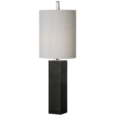Chunky, Black Marble Column With Subtle White Veining, Accented With Polished Nickel Plated Details. The Tall Round Hardba...