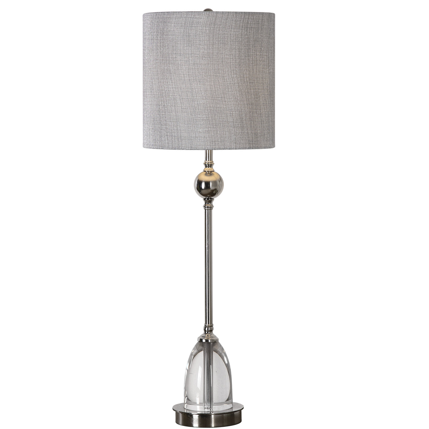 Polished Nickel Plated Steel, Featuring Thick Crystal Detail. The Round Hardback Drum Shade Is A Metallic Silver-gray Line...