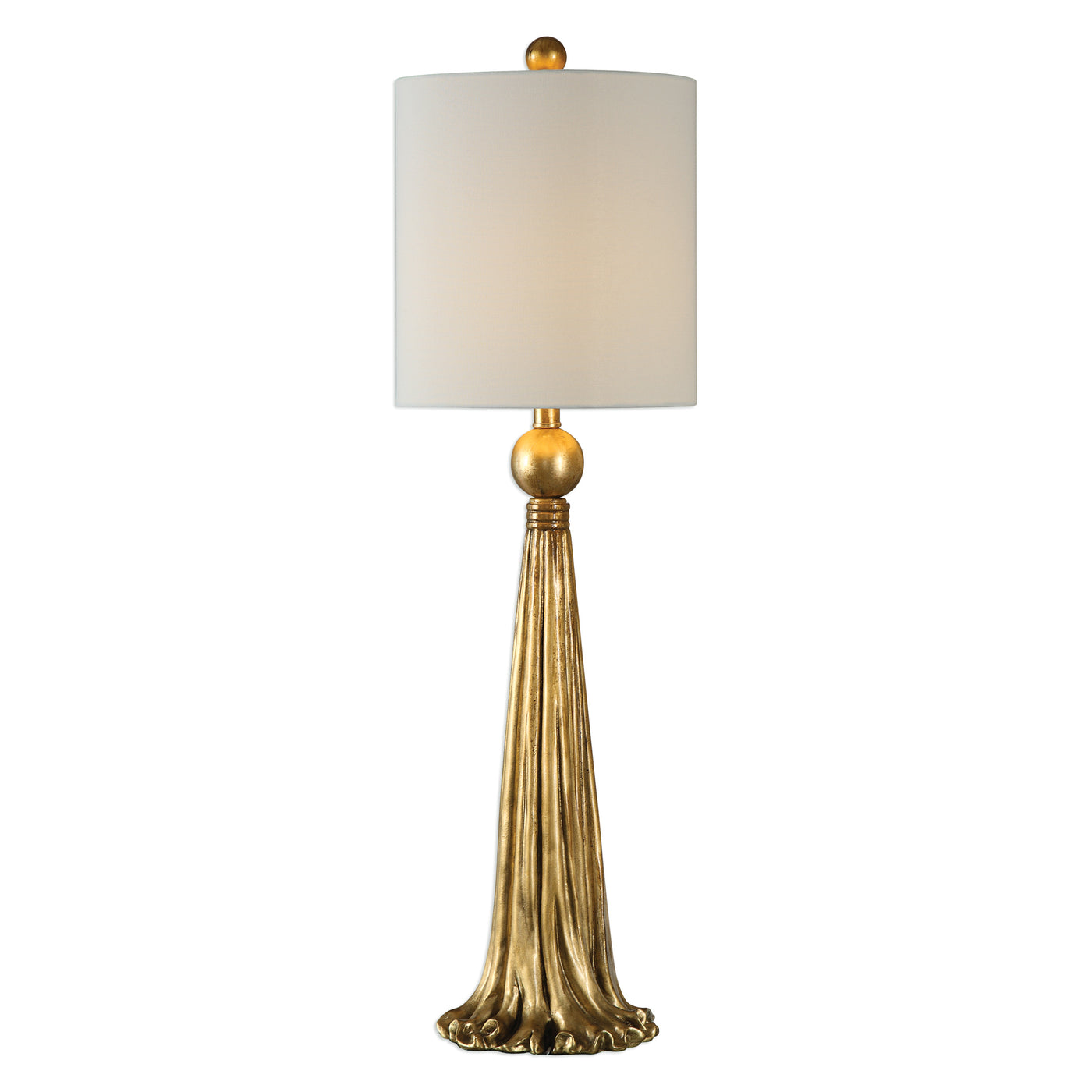 This Drapery Inspired Design Is Hand Finished In A Heavily Antiqued Metallic Gold. The Round Hardback Drum Shade Is A Whit...