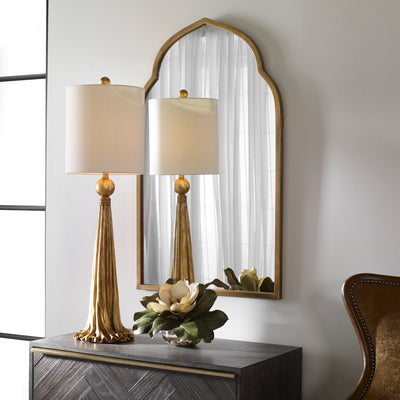 This Drapery Inspired Design Is Hand Finished In A Heavily Antiqued Metallic Gold. The Round Hardback Drum Shade Is A Whit...