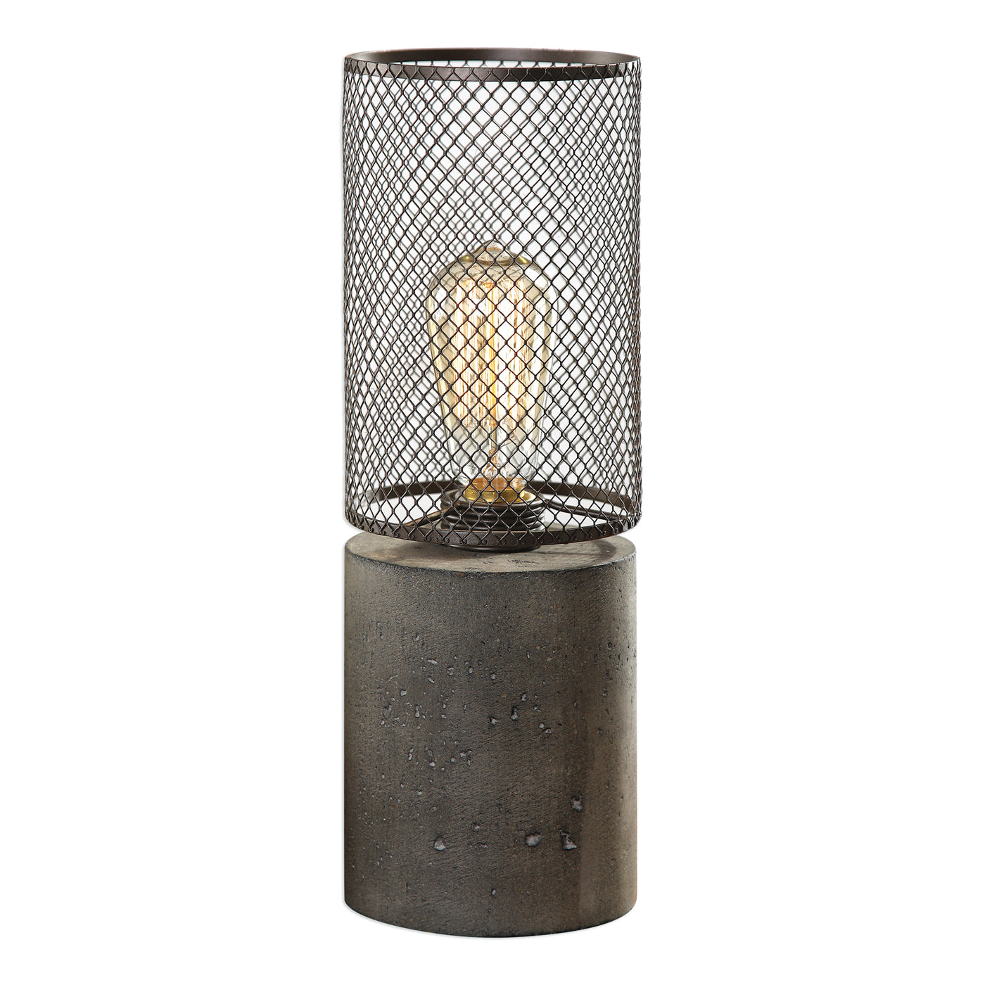 Thick Concrete Column Finished In A Charcoal Stain, Topped With An Industrial Inspired, Rusty Bronze Steel Cage. OIne 60-w...
