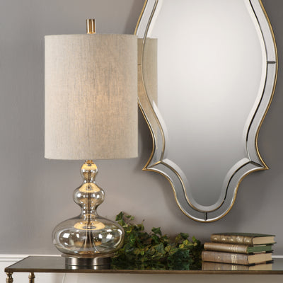 Curvaceous, Light Amber Glass Accented With Antique Brass Plated Steel Details. The Tall, Round Hardback Shade Is A Khaki ...