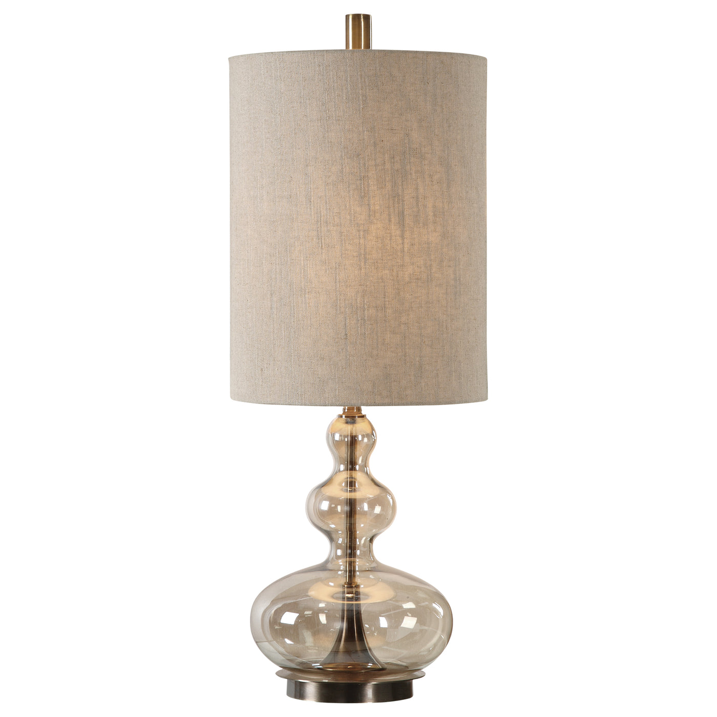 Curvaceous, Light Amber Glass Accented With Antique Brass Plated Steel Details. The Tall, Round Hardback Shade Is A Khaki ...