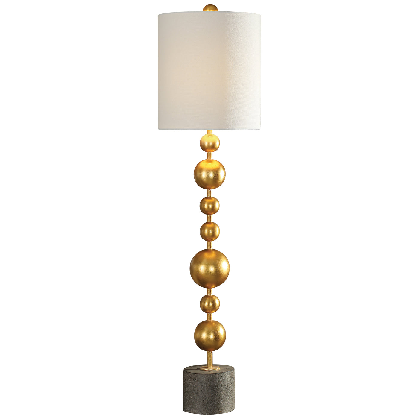 This Contemporary Design Features Stacked, Spun Metal Spheres, Finished In A Hand Applied Metallic Gold Leaf, Displayed On...