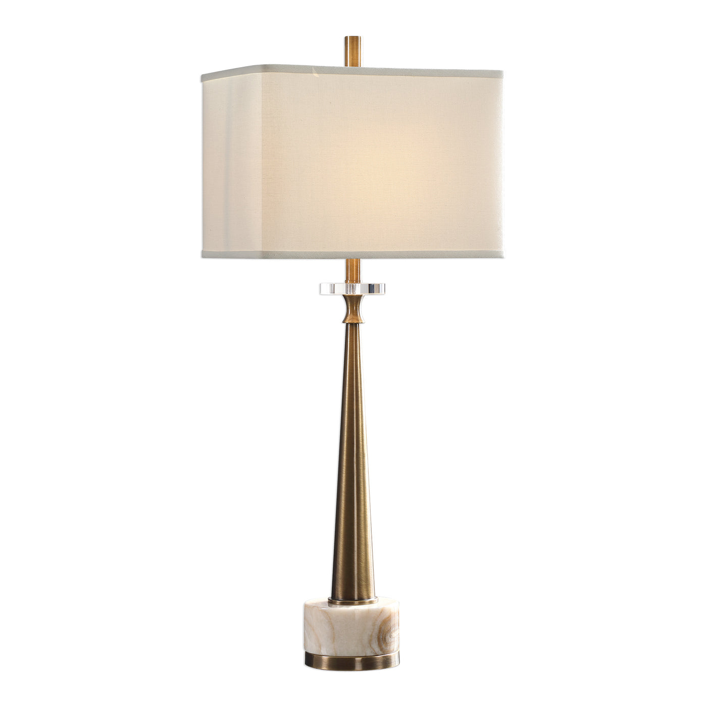 This Tapered Steel Base Is Finished In A Plated Antiqued Brass, Paired With An Ivory Marble Foot With Brown Veining And A ...