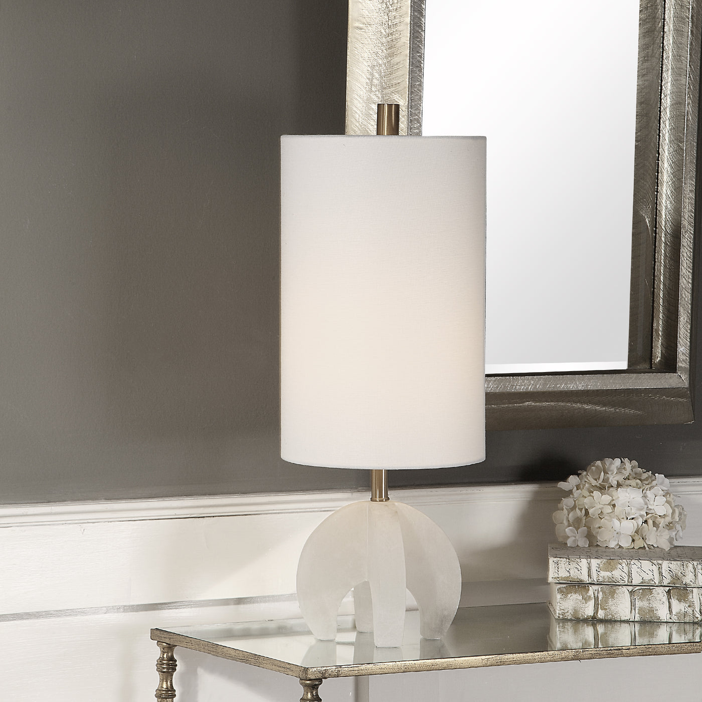 This Accent Lamp Keeps It Simple With A Uniquely Shaped, Polished Alabaster Base, Accented With Plated Brushed Brass Detai...