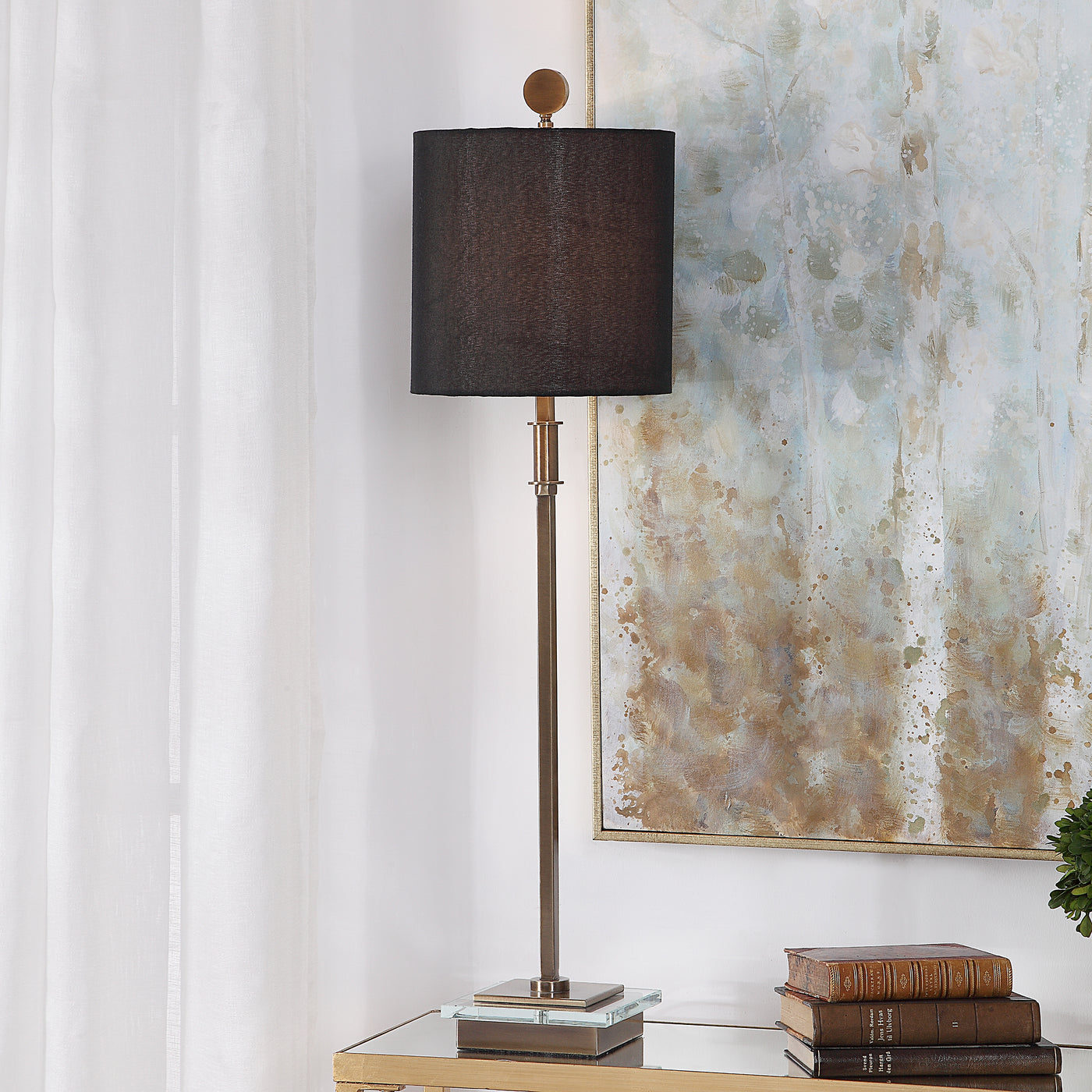 Sleek, Modern Lines Complete This Sophisticated Design Featuring A Delicate Iron Base Finished In A Plated Antique Brass, ...