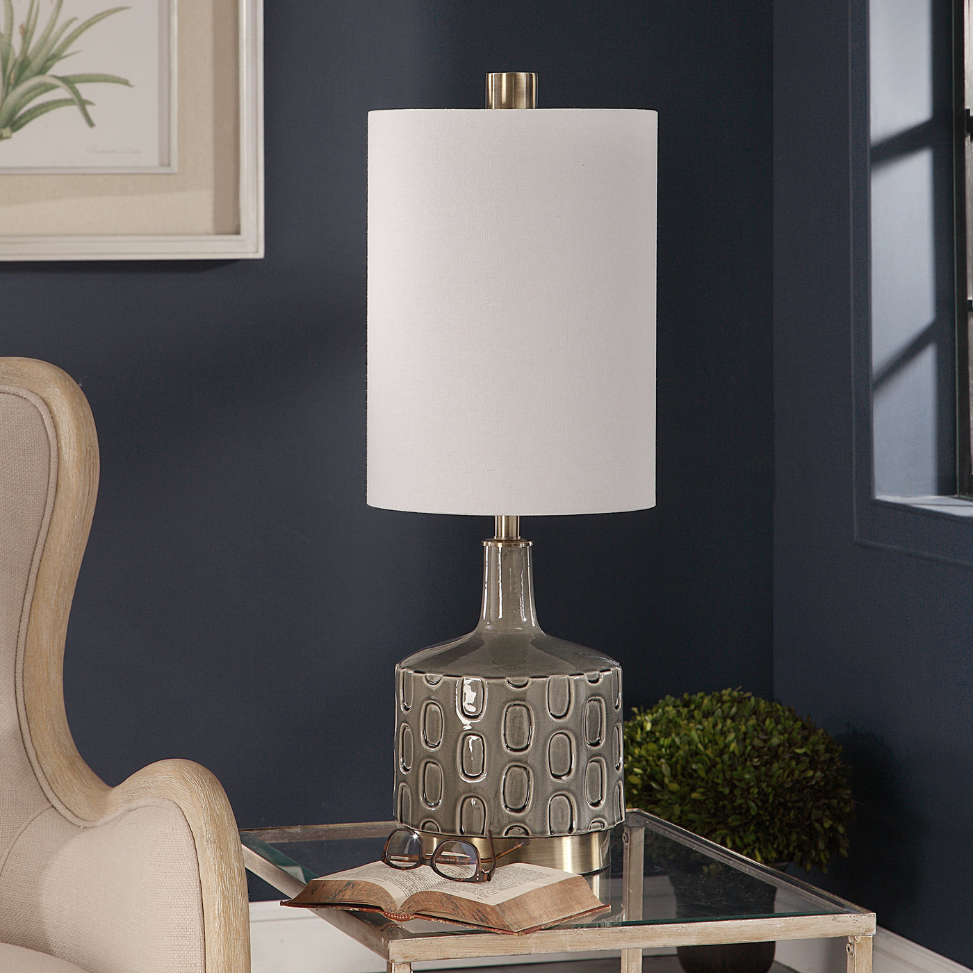 Finished In A Crackled Gray Glaze, This Ceramic Table Lamp Echoes Mid-century And Contemporary Styles. The Base Of This Pi...