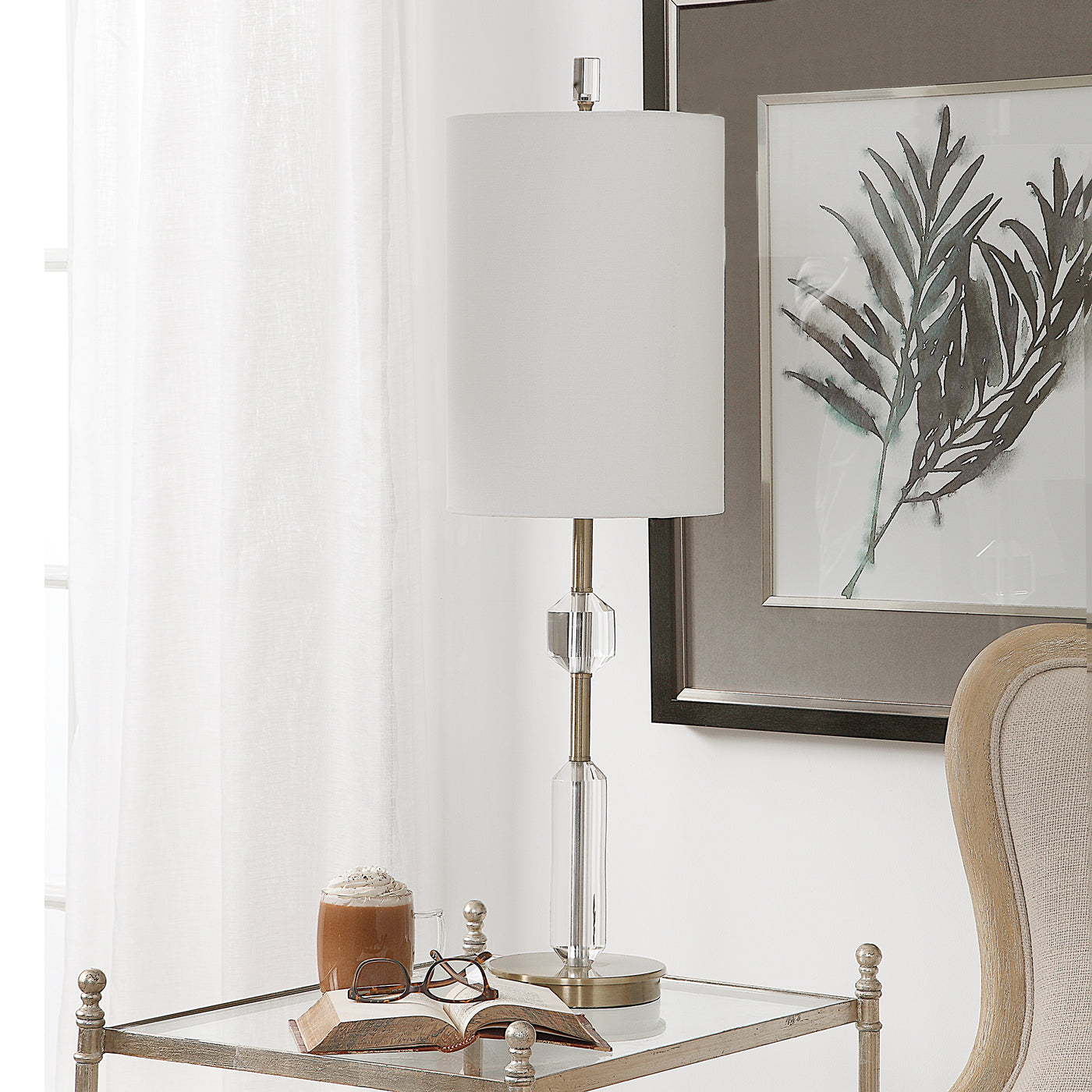 This Elegant Piece Showcases A Slender Profile Featuring Polished Cut Crystal Details, Paired With Plated Antique Brass Ac...