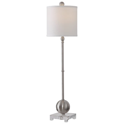 This Versatile Buffet Lamp Features Smooth Iron Details Finished In A Plated Brushed Nickel, Accented With A Thick Crystal...
