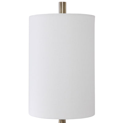 Transitional In Design, This Buffet Lamp Has A Tapered Base Finished In A Plated Antique Brass, Accented With A Polished W...