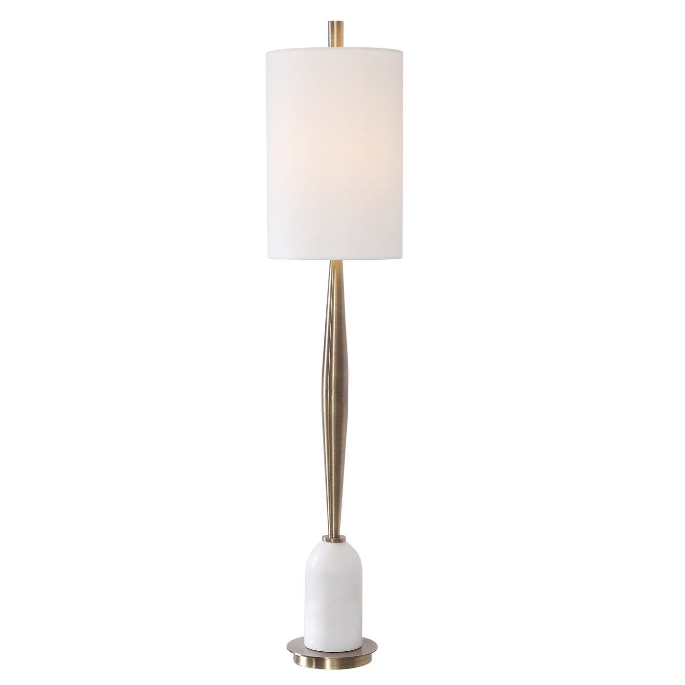 Transitional In Design, This Buffet Lamp Has A Tapered Base Finished In A Plated Antique Brass, Accented With A Polished W...