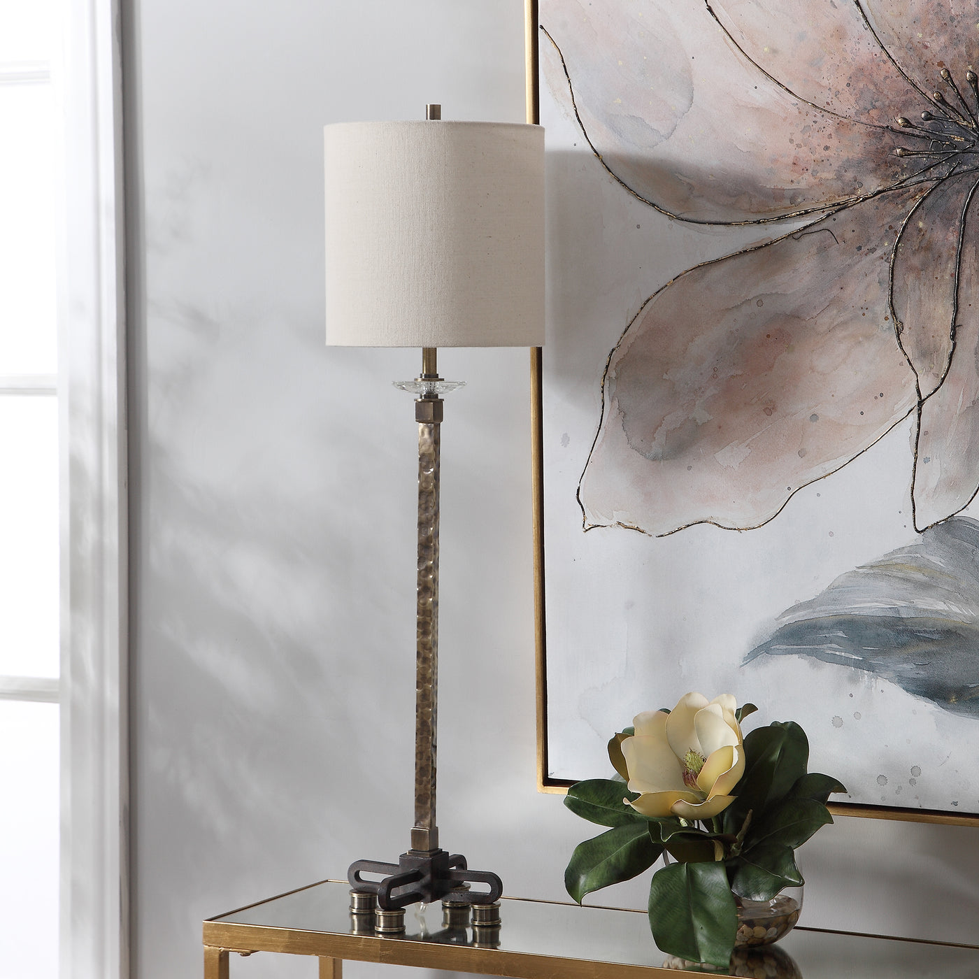 This Buffet Lamp Has A Rustic Industrial Feel Featuring A Hammered Steel Base With A Heavily Antiqued Brass Plated Finish,...