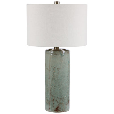Ceramic Table Lamp Finished In A Crackled Aqua Blue Glaze With Dark Rustic Bronze Distressing, Accented With Light Antique...