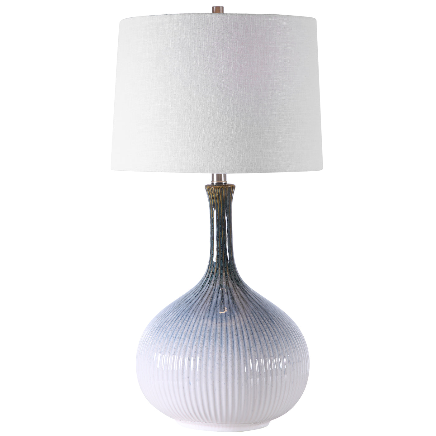 Mid-century Inspired Table Lamp Has A Fluted Ceramic Base With Noticeable Ribbed Texture And Is Finished In A Cream, Light...