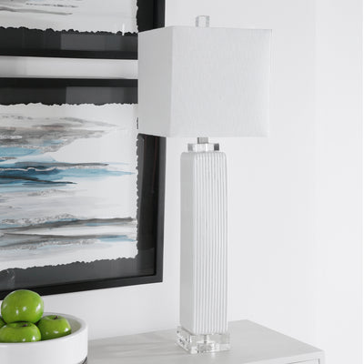 Showcasing A Refined Transitional Style, This Buffet Lamp Can Be Easily Placed With Its Square Ribbed Base Finished In A G...