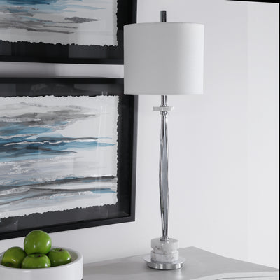 This Buffet Lamp Features A Clean, Modern Look With A Chrome Plated Iron Base Paired With Polished White Marble Details Wi...