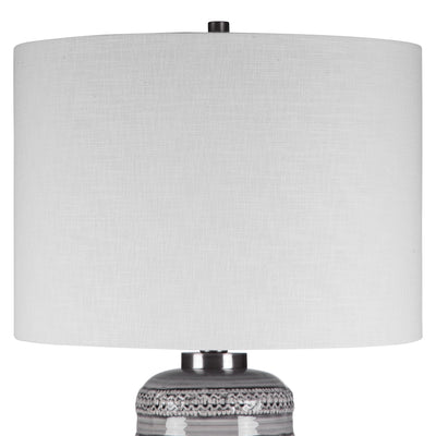 This Traditional Ceramic Table Lamp Has An Elegant, Overlaid Lace Design With A Delicate Light Gray Glaze, Accented With B...
