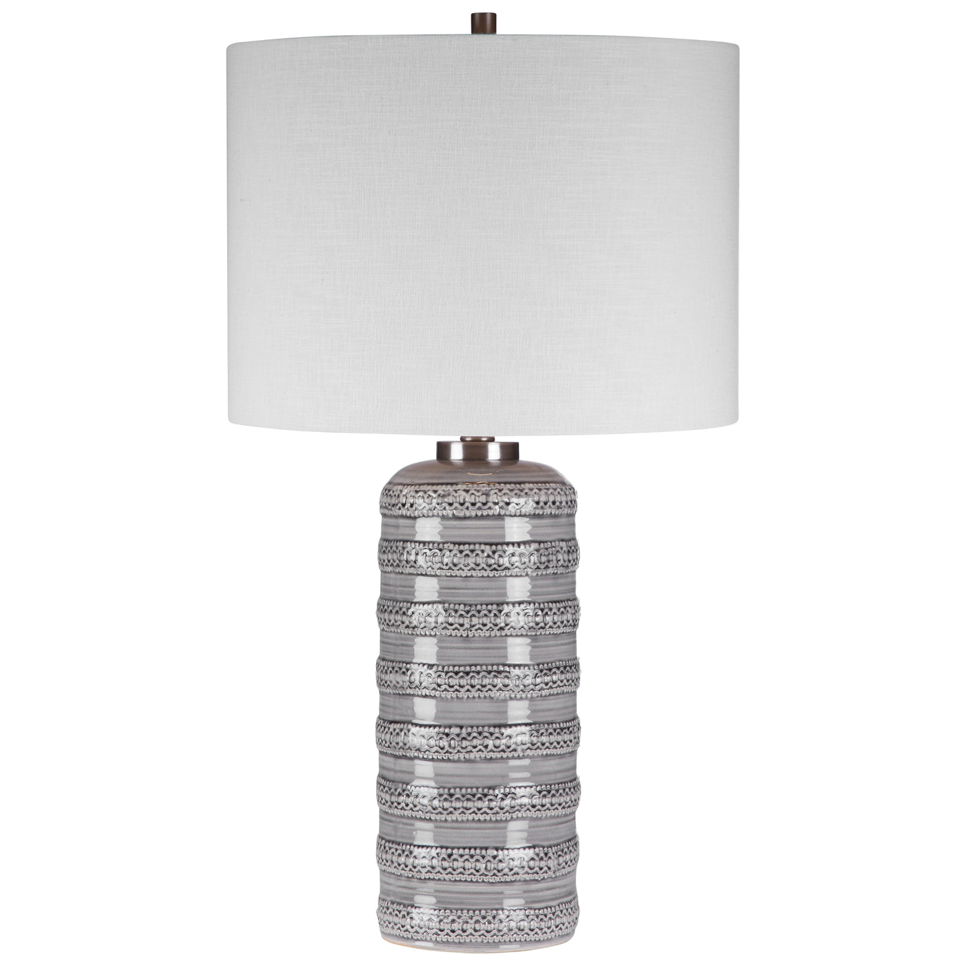 This Traditional Ceramic Table Lamp Has An Elegant, Overlaid Lace Design With A Delicate Light Gray Glaze, Accented With B...